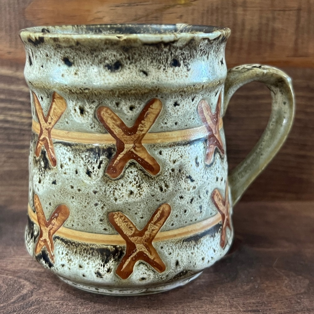 Vintage Studio Pottery Stoneware‎ Mug Earth Tones Handcrafted X Pattern Speckled